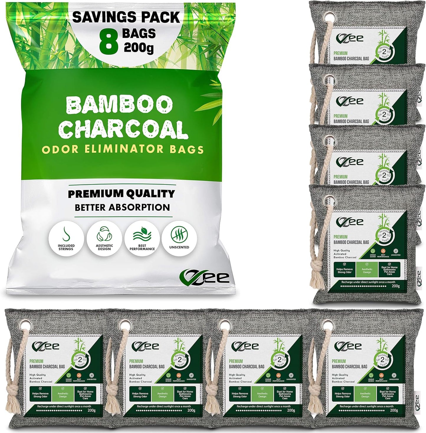 8 XL Bags x 200g Bamboo Charcoal Odor Absorber (1,600g Total),Activated Charcoal Air Purifying Bag, Odor Eliminator for Home, Basement, Smoke, Mothball, Pet, Car, Closet, Shoes