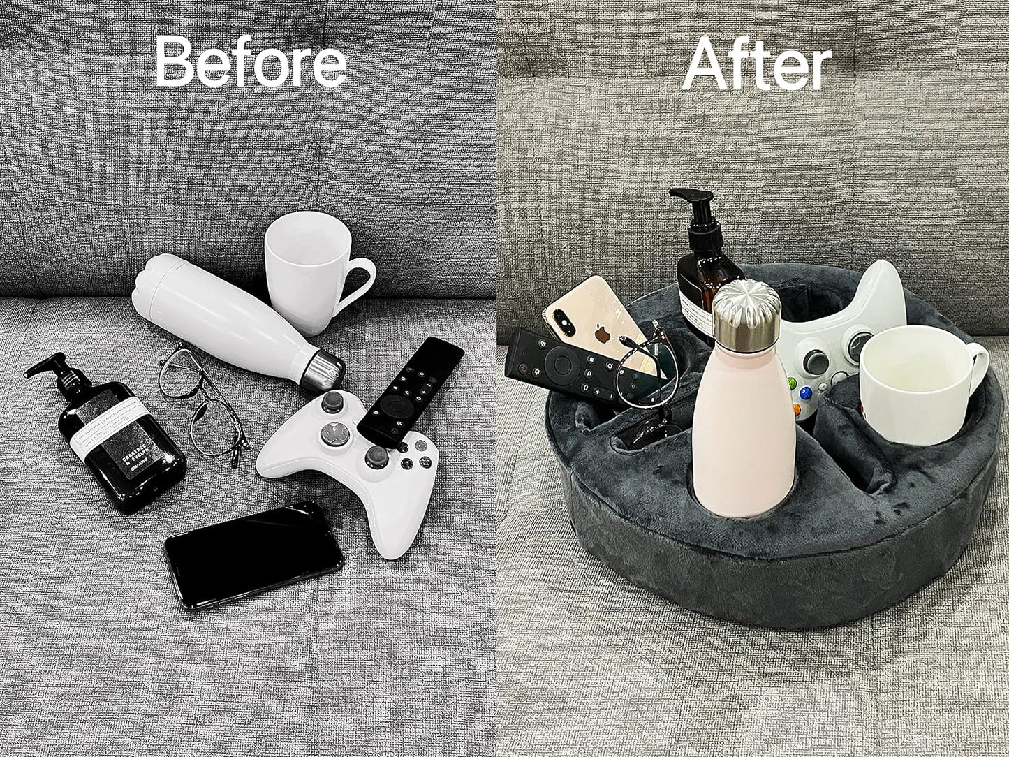 Xchouxer Couch and Bed Cup Holder Pillow, Sofa Organizer Caddy for Drinks, Remotes, Phones, Snacks (Beige)