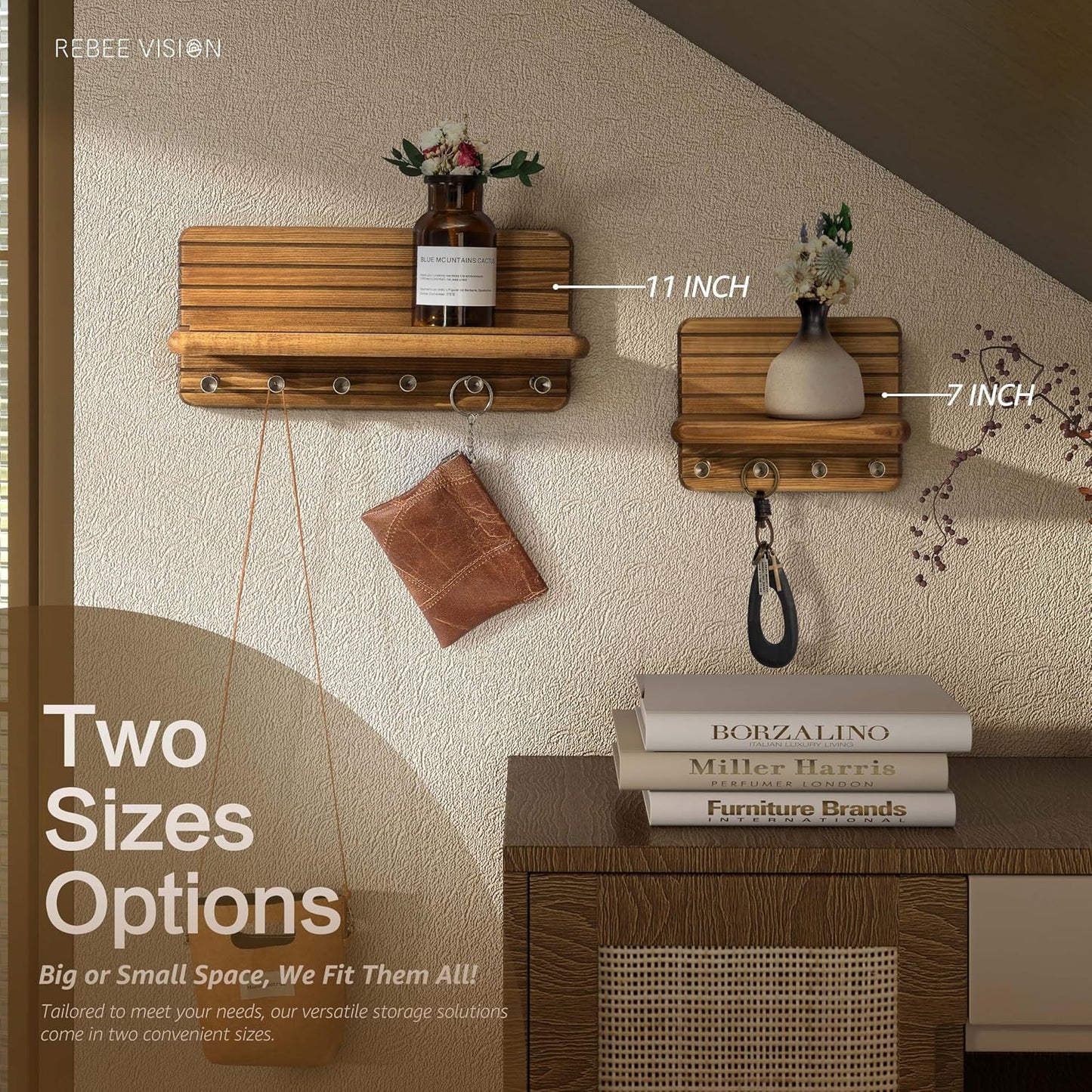 Rebee Vision Pine Wood Key Holder Wall Mount with Shelf for Entryway, Brown | 6 Key Hooks, Round Corner, Smooth&Hand-Friendly, Clear Wood Texture, Space-Saving Design, Organize Mail & Letter