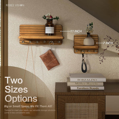 Rebee Vision Pine Wood Key Holder Wall Mount with Shelf for Entryway, Brown | 6 Key Hooks, Round Corner, Smooth&Hand-Friendly, Clear Wood Texture, Space-Saving Design, Organize Mail & Letter