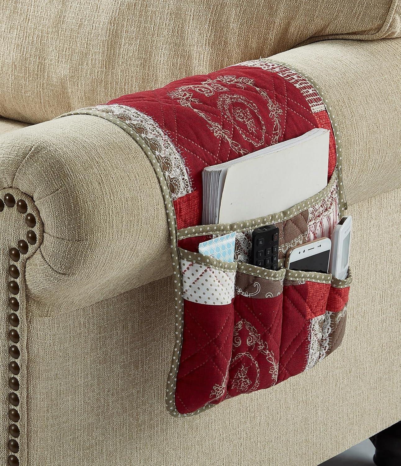 Brilliant Sunshine Burgundy Toile Floral Couch Armrest Cover, 35"×13" | Washable Magazine Holder, Armrest Organizer & Caddy on Sofa, Recliner, Armchair, Storage for Remote Controls, Phone, iPad