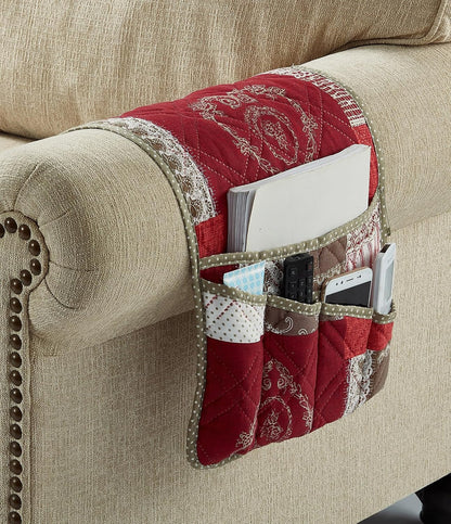 Brilliant Sunshine Burgundy Toile Floral Couch Armrest Cover, 35"×13" | Washable Magazine Holder, Armrest Organizer & Caddy on Sofa, Recliner, Armchair, Storage for Remote Controls, Phone, iPad