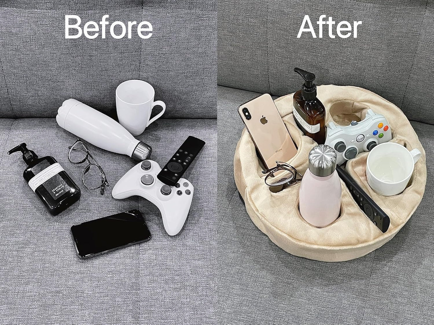 Xchouxer Couch and Bed Cup Holder Pillow, Sofa Organizer Caddy for Drinks, Remotes, Phones, Snacks (Beige)