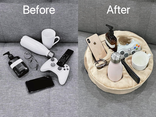 Xchouxer Couch and Bed Cup Holder Pillow, Sofa Organizer Caddy for Drinks, Remotes, Phones, Snacks (Beige)