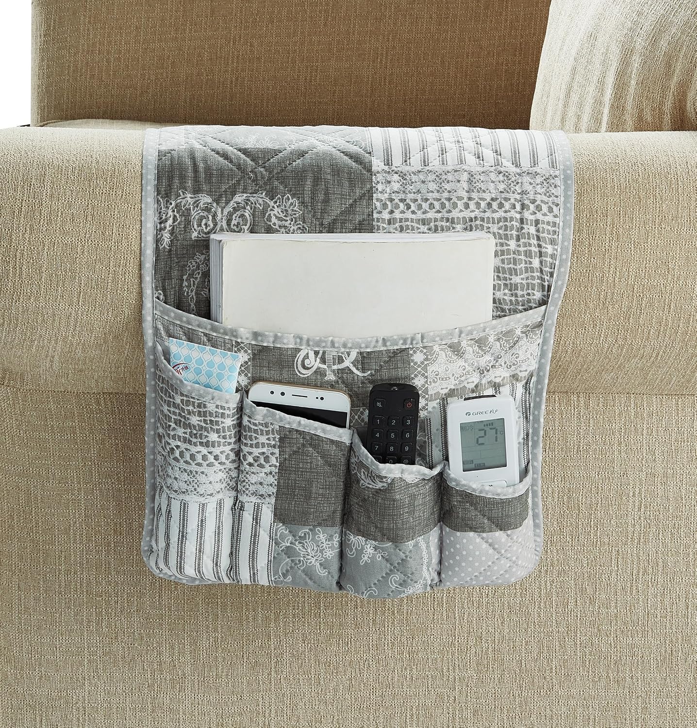 Brilliant Sunshine Burgundy Toile Floral Couch Armrest Cover, 35"×13" | Washable Magazine Holder, Armrest Organizer & Caddy on Sofa, Recliner, Armchair, Storage for Remote Controls, Phone, iPad