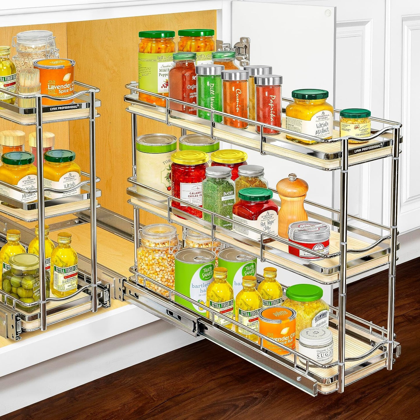 LYNK PROFESSIONAL® Pull Out Spice Organization for Cabinets - 4-3/8 inch Wide – Spice Rack for Inside Cabinets, Slide Out Spice Rack Organizer for cabinet – Pull Out Spice Rack, Sliding 2 Tier Chrome