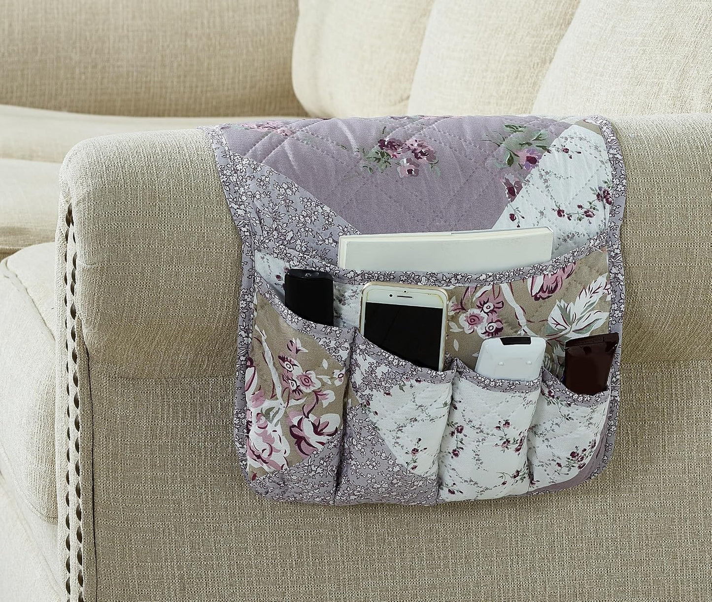 Brilliant Sunshine Burgundy Toile Floral Couch Armrest Cover, 35"×13" | Washable Magazine Holder, Armrest Organizer & Caddy on Sofa, Recliner, Armchair, Storage for Remote Controls, Phone, iPad