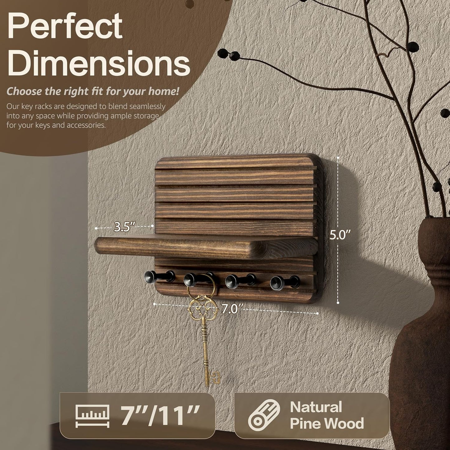 Rebee Vision Pine Wood Key Holder Wall Mount with Shelf for Entryway, Brown | 6 Key Hooks, Round Corner, Smooth&Hand-Friendly, Clear Wood Texture, Space-Saving Design, Organize Mail & Letter