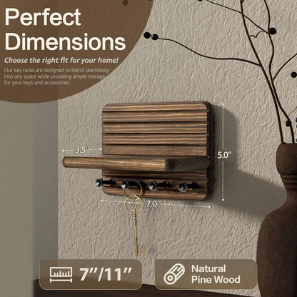 Rebee Vision Pine Wood Key Holder Wall Mount with Shelf for Entryway, Brown | 6 Key Hooks, Round Corner, Smooth&Hand-Friendly, Clear Wood Texture, Space-Saving Design, Organize Mail & Letter
