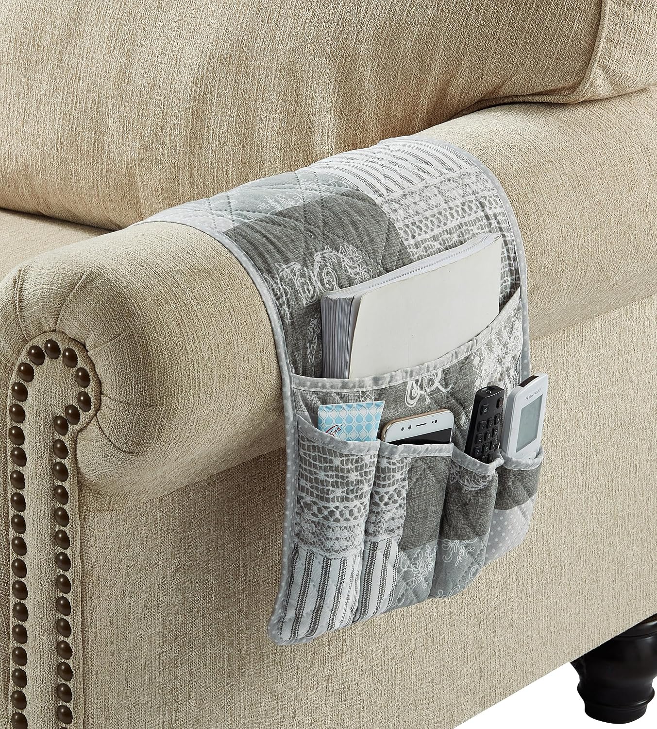 Brilliant Sunshine Burgundy Toile Floral Couch Armrest Cover, 35"×13" | Washable Magazine Holder, Armrest Organizer & Caddy on Sofa, Recliner, Armchair, Storage for Remote Controls, Phone, iPad