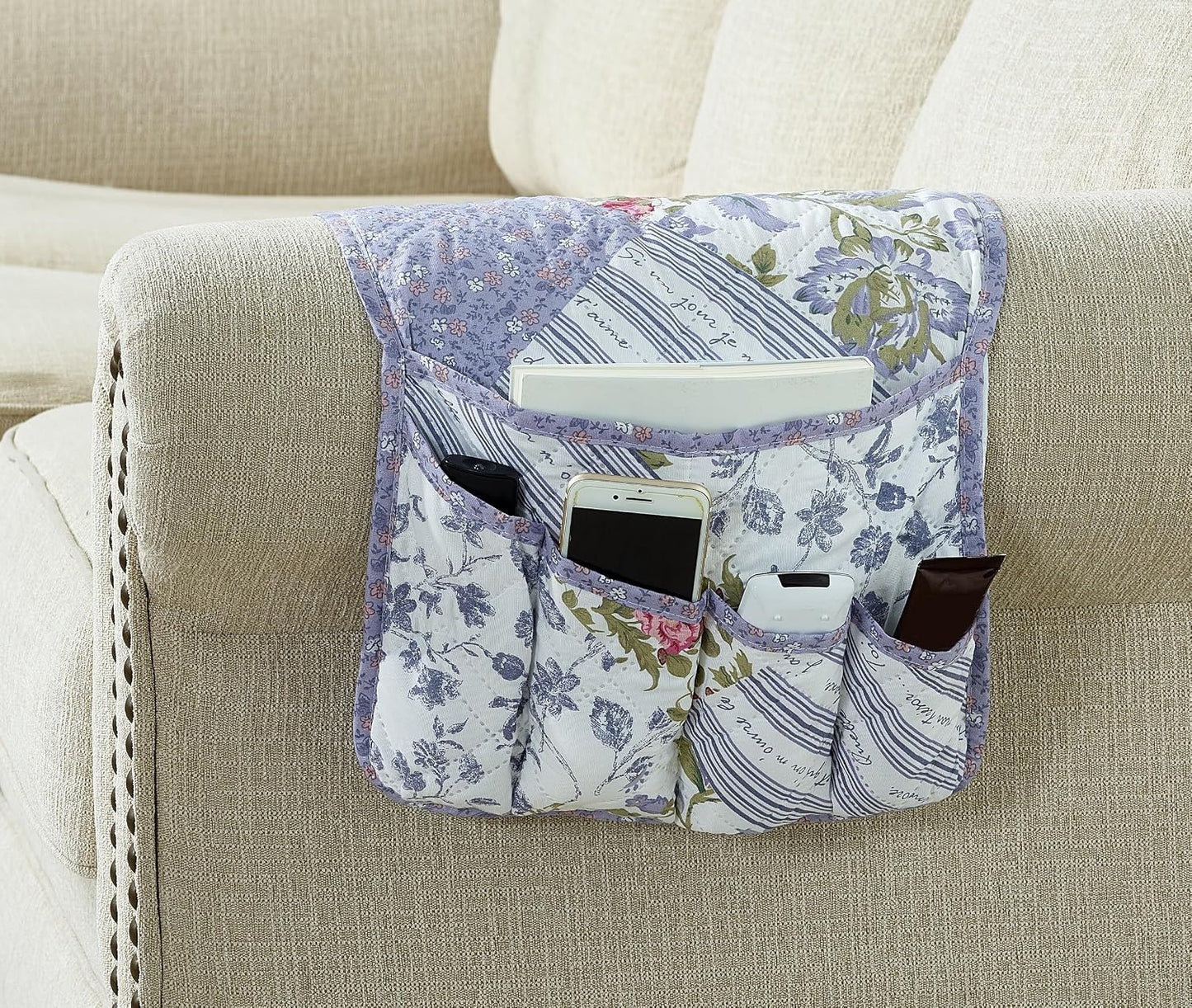 Brilliant Sunshine Burgundy Toile Floral Couch Armrest Cover, 35"×13" | Washable Magazine Holder, Armrest Organizer & Caddy on Sofa, Recliner, Armchair, Storage for Remote Controls, Phone, iPad