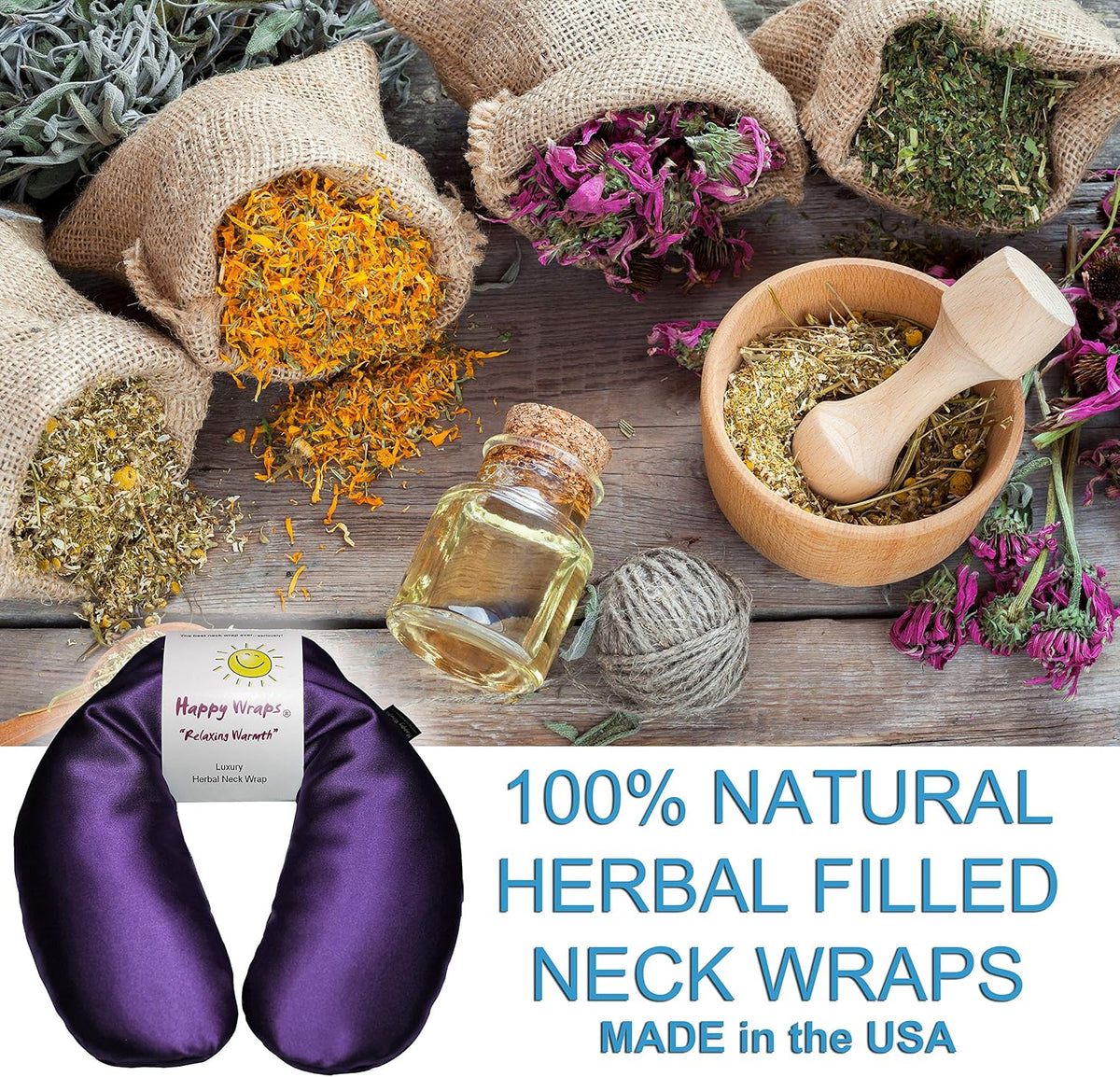 Microwavable Herbal Neck Wrap - Hot Cold Aromatherapy Neck Warming Pillow - Heating Pad for Migraines, Stress, Gifts for Women, Birthdays, Christmas and Free Sleep Mask - Purple Cotton