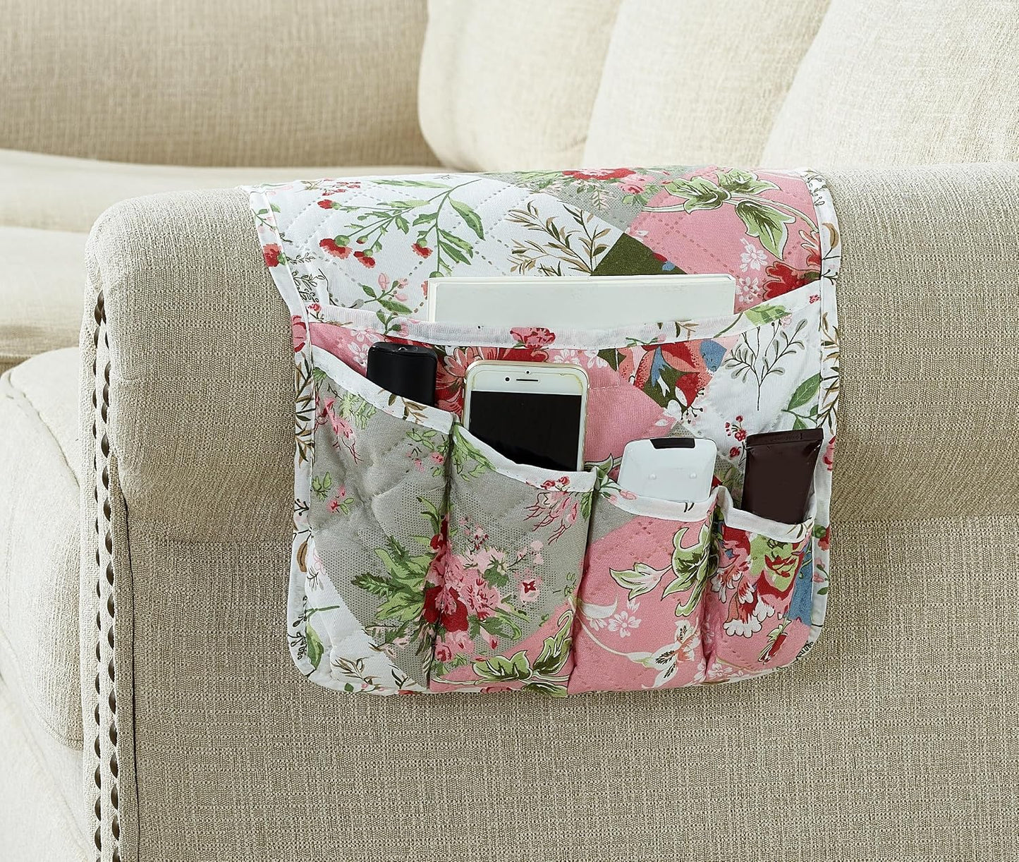 Brilliant Sunshine Burgundy Toile Floral Couch Armrest Cover, 35"×13" | Washable Magazine Holder, Armrest Organizer & Caddy on Sofa, Recliner, Armchair, Storage for Remote Controls, Phone, iPad
